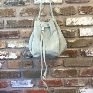 REBECCA Women’s Light Gray Suede Tassel Drawstring Pouch Handbag Purse Bag
